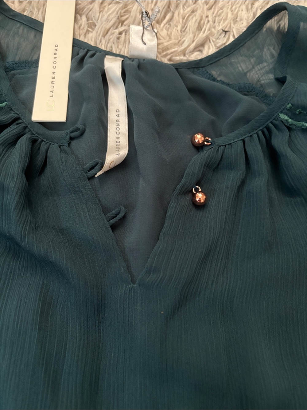 NWT size Xs LC Lauren Conrad Dark Teal Sleeveless Embroidered Neck Top - Picture 5 of 6